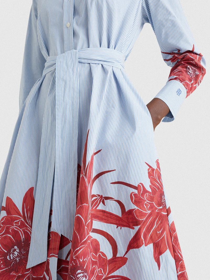 Női Tommy Hilfiger Floral Stripe Midi Shirtdress Dresses Kék | HU 91MQZ